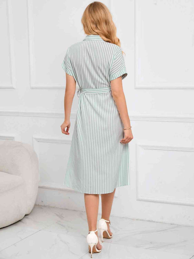 Striped Short Sleeve Tie Waist Midi Dress