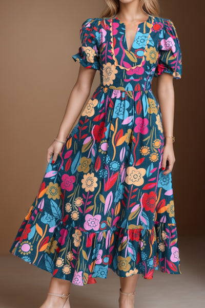 Printed Puff Sleeve Midi Dress