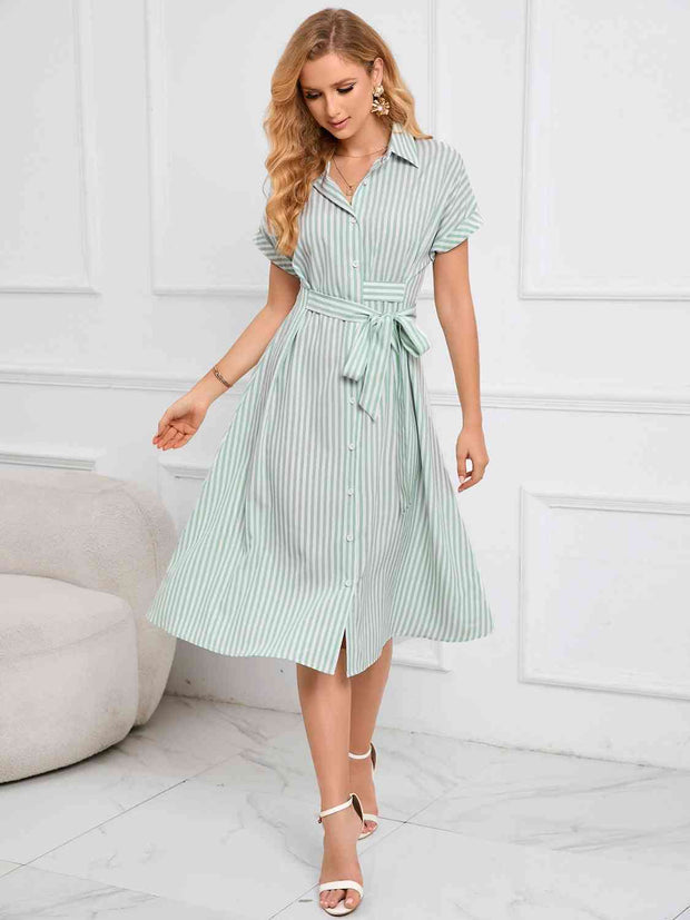 Striped Short Sleeve Tie Waist Midi Dress