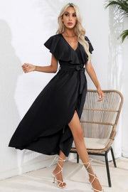 Ruffled Tied V-Neck Midi Dress