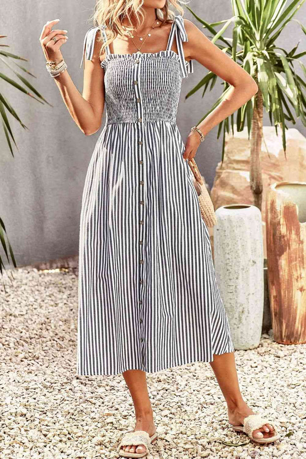 Smocked Striped Midi Dress