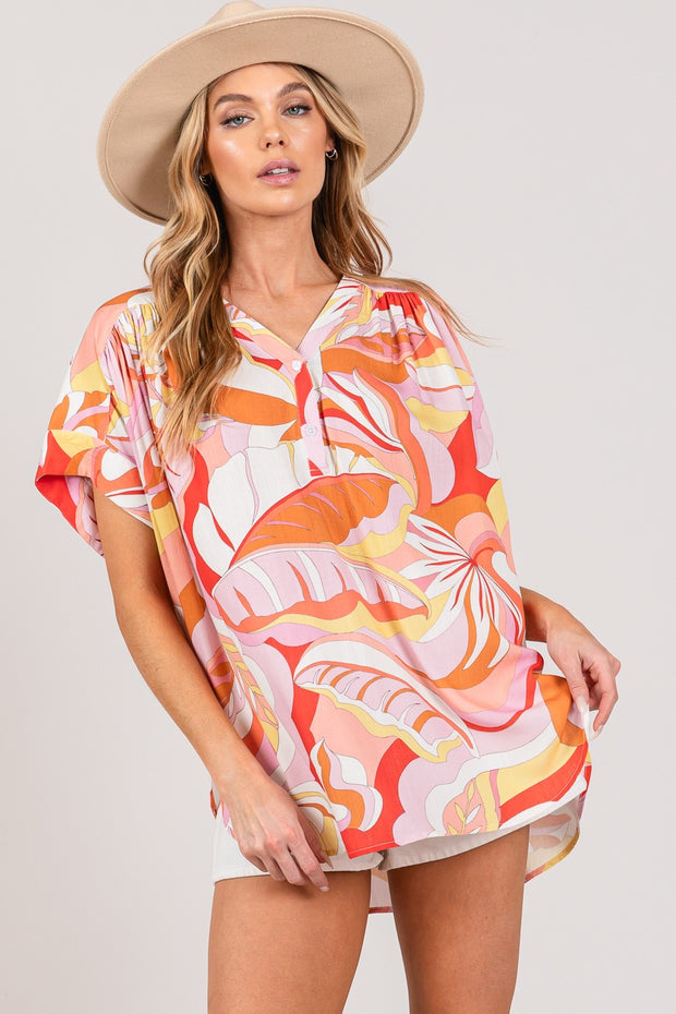 Abstract Print Half Button Blouse