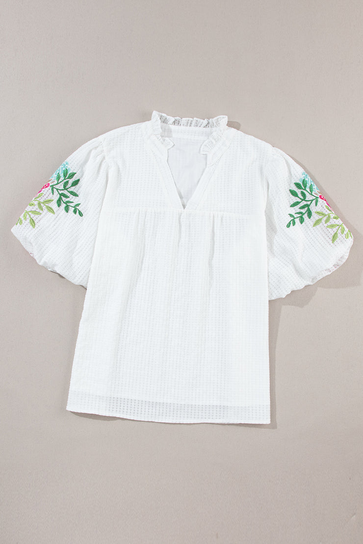 Embroidered Notched Half Sleeve Blouse