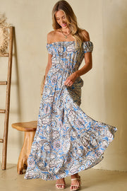 Printed Off-Shouder Blue Maxi Dress