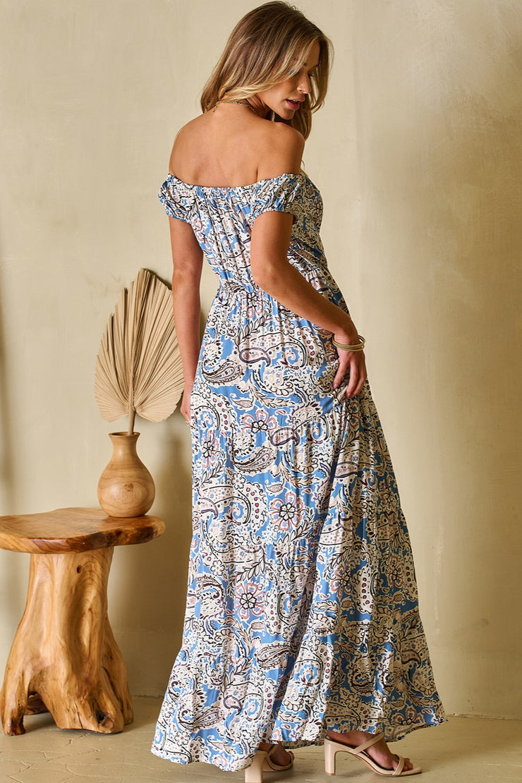 Printed Off-Shouder Blue Maxi Dress