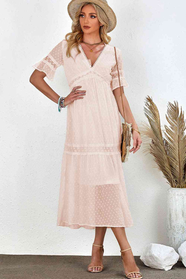 Swiss Dot V-Neck Short Sleeve Midi Dress