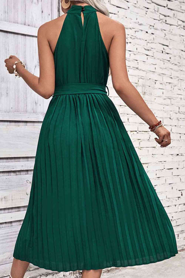 Tie Belt Pleated Midi Dress