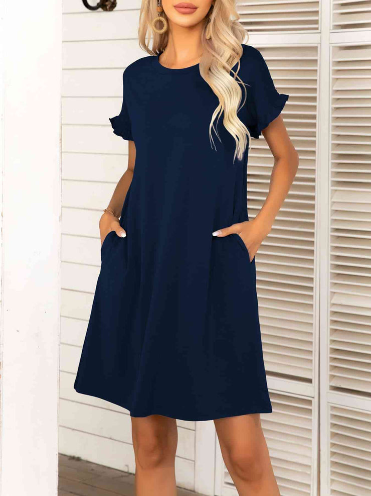 Round Neck Flounce Sleeve Dress with Pockets