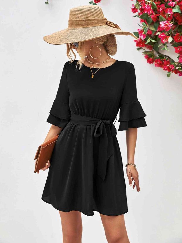 Round Neck Tie Belt Flounce Sleeve Dress