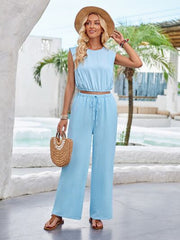 Round Neck Sleeveless Top and Drawstring Pants Set For Women