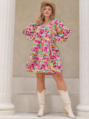 Plus Size Printed V-Neck Balloon Sleeve Mini Dress