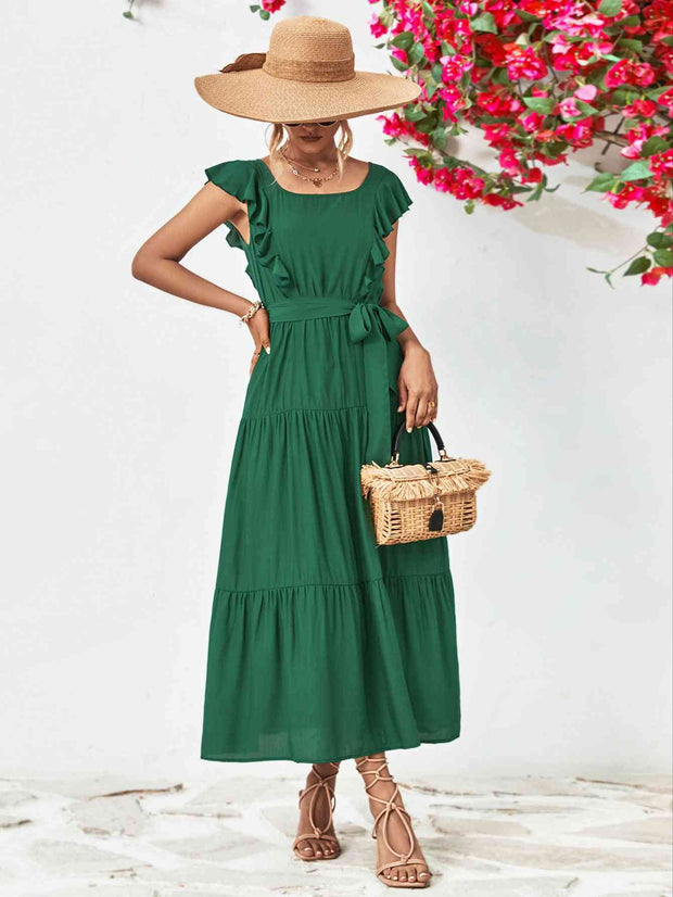 Tie Belt Ruffled Tiered Dress