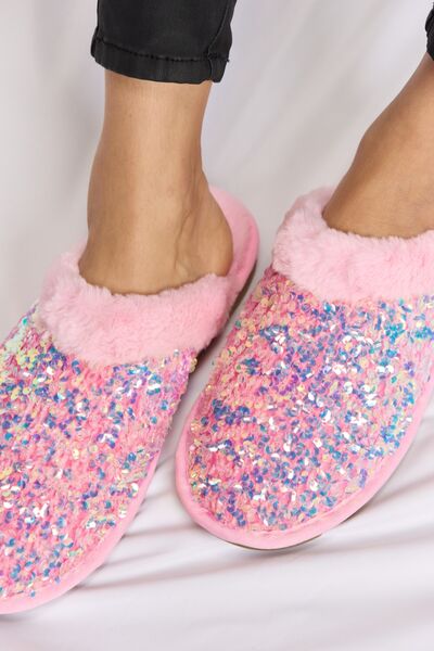 Pink Sequin Plush Slippers