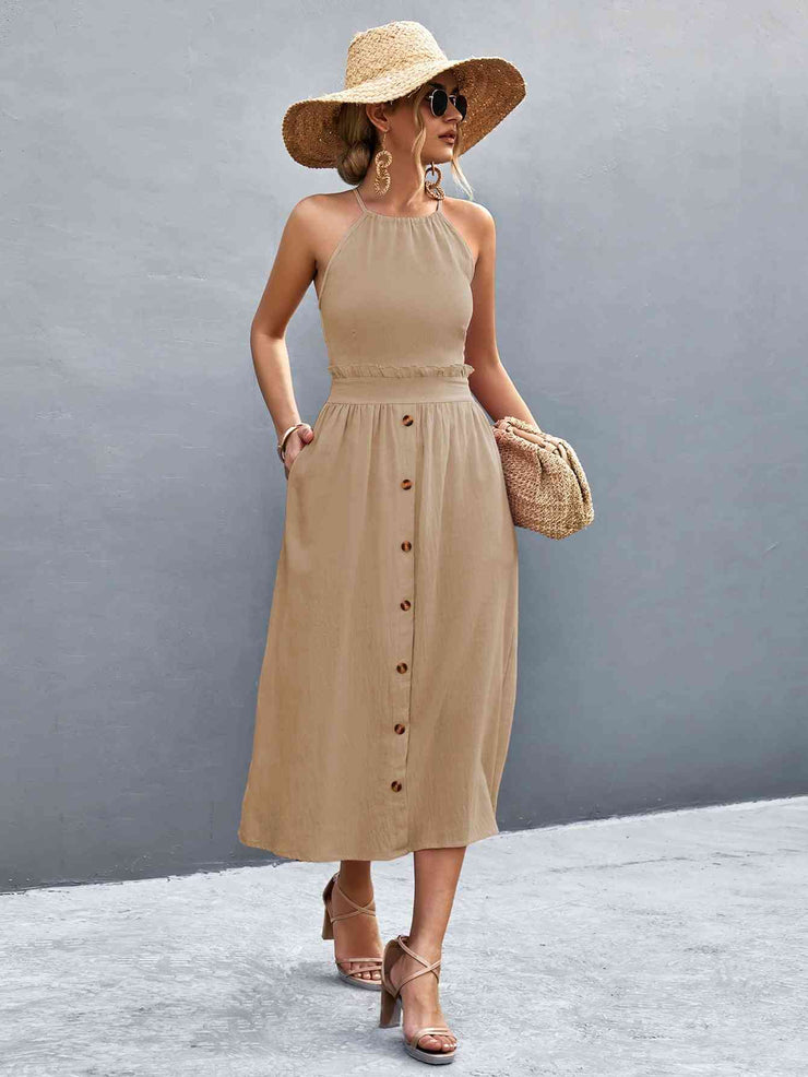 Buttoned Halter Midi Dress