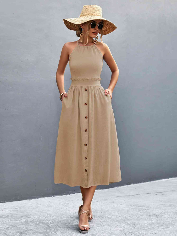 Buttoned Halter Midi Dress