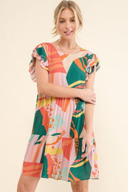 Printed Ruffle Sleeve Dress