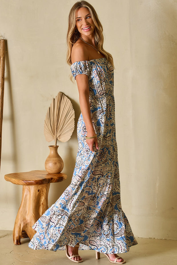 Printed Off-Shouder Blue Maxi Dress