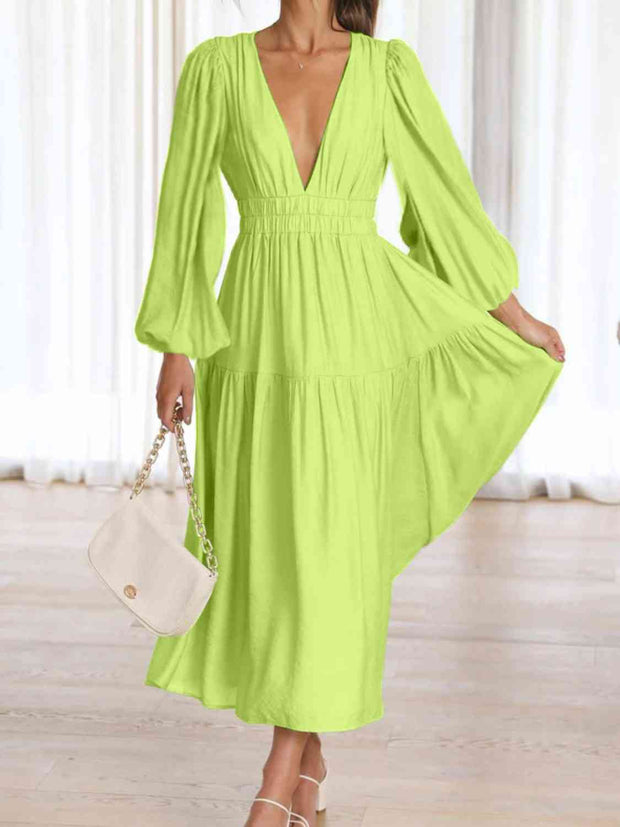 Deep V-Neck Balloon Sleeve Plain Maxi Dress