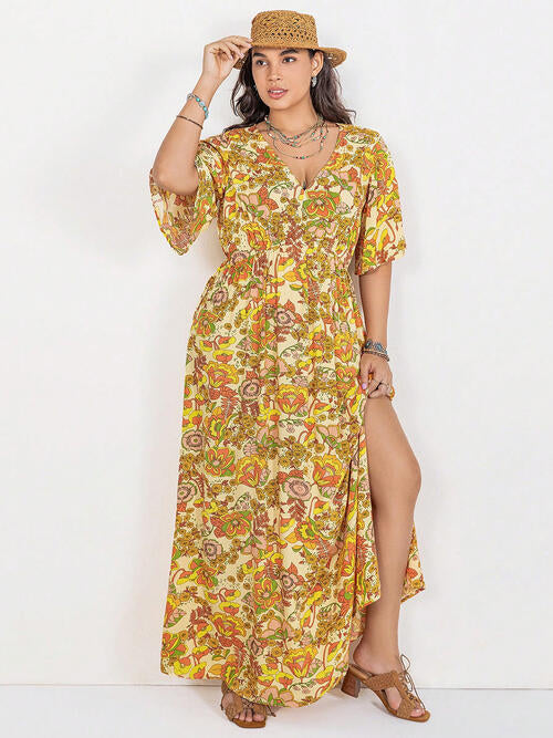 Trending Floral V-Neck Short Sleeve Slit Dress For Women