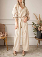 Top Trending V-Neck Tie Waist Wide Leg Jumpsuit For Women