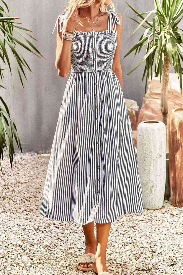 Smocked Striped Midi Dress