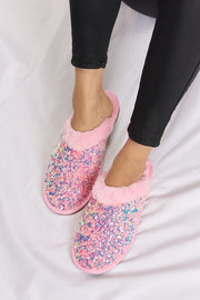 Pink Sequin Plush Slippers