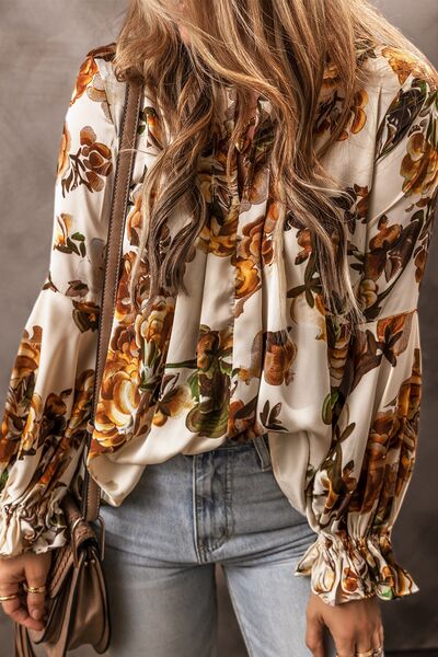 Printed Notched Long Sleeve Blouse