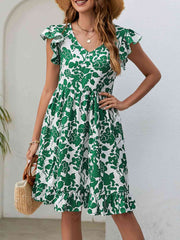 Floral V-Neck Flutter Sleeve Dress