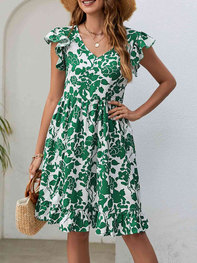 Floral V-Neck Flutter Sleeve Dress