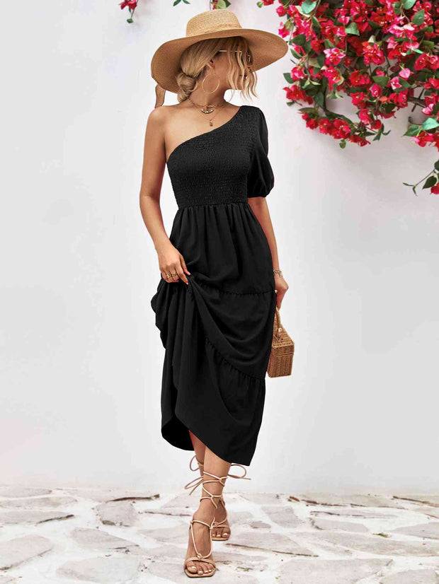 Smocked One-Shoulder Midi Dress