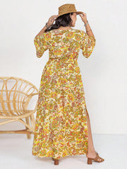 Trending Floral V-Neck Short Sleeve Slit Dress For Women